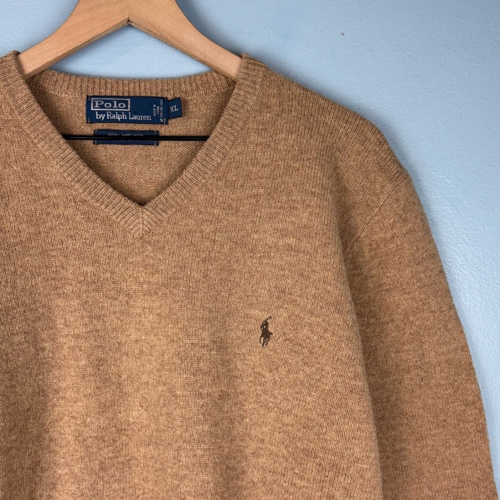 Polo Ralph Lauren Mens XL Tan V-Neck Lambswool Knit Pullover Sweater Logo FLAW